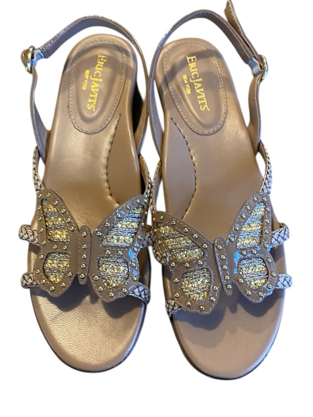 Eric Javits Taupe Butterfly Embellished Sandals with Gold Accents